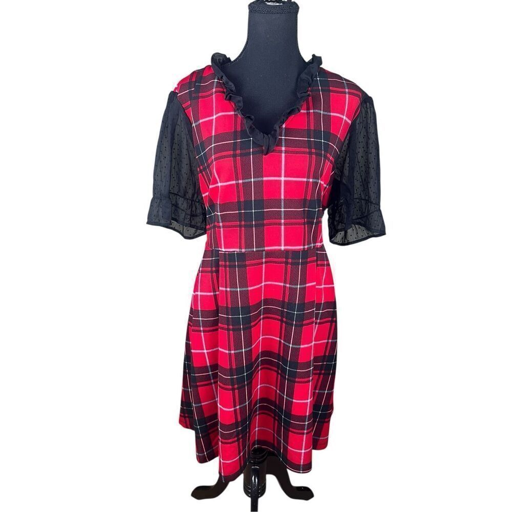 Smak Parlour 2XL red plaid black sheer short sleeves ruffled neckline dress goth